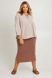 Model Fiona wearing the Cotton Stripe Lounge Top in colour Camel, from the front, showing the whole outfit