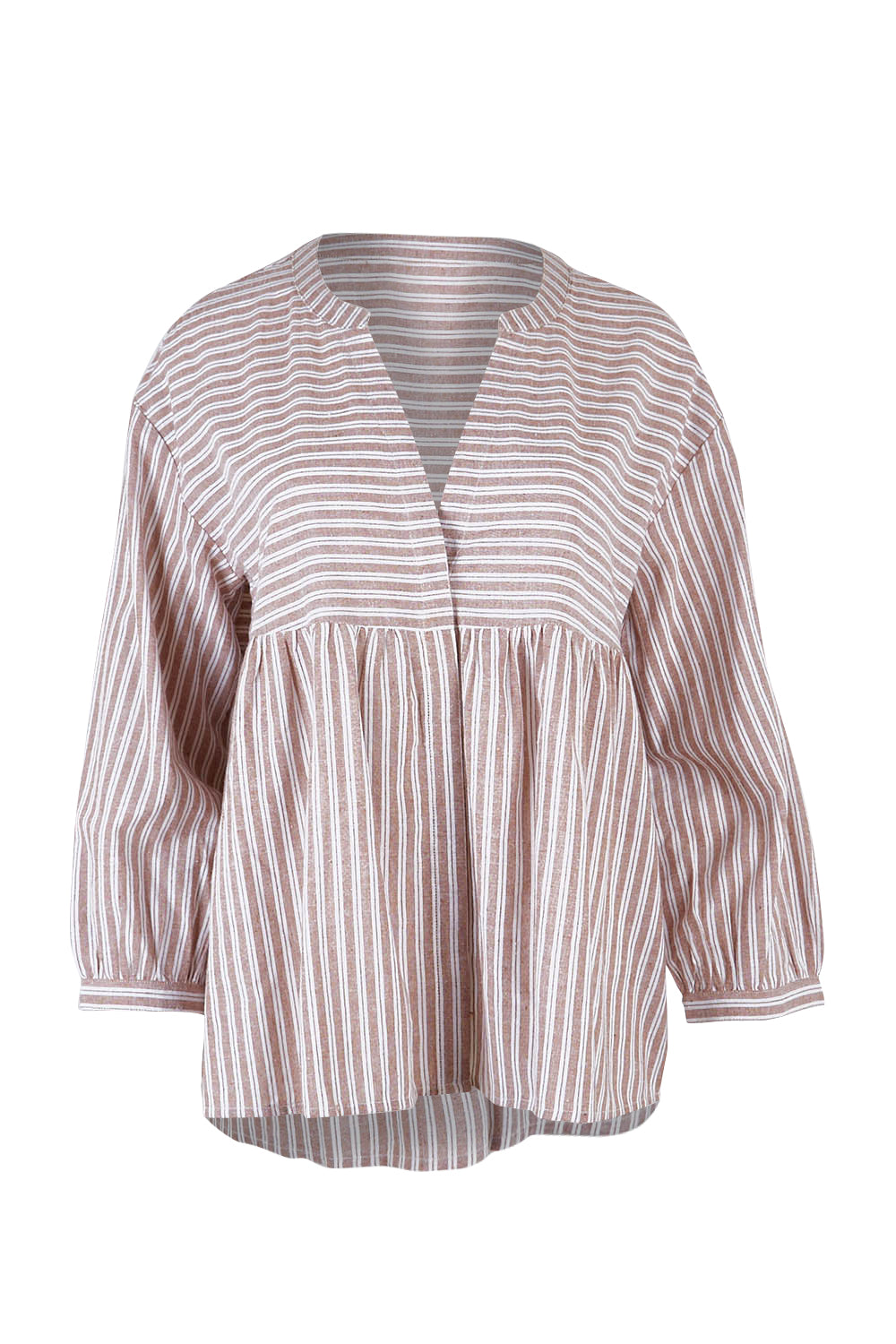 Product shot of the Cotton Stripe Lounge Top in colour Camel, from the front
