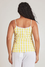 Model Terri-Leigh wearing the Cotton Gingham Cami in colour Buttercup, from the back