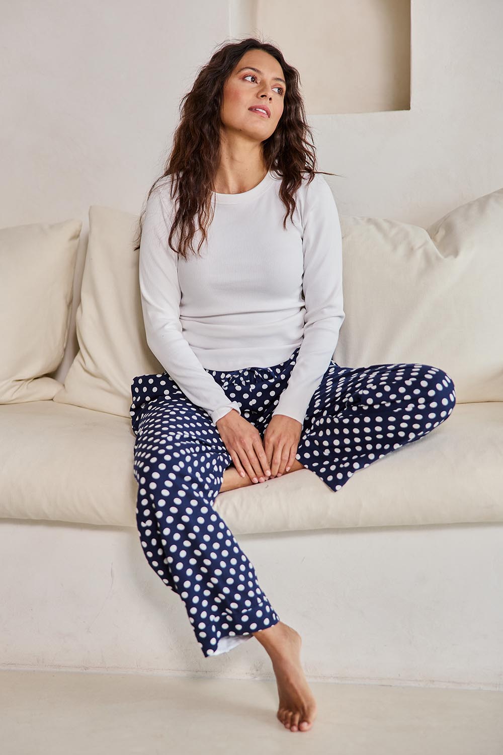 Model Tahneei wearing size 10 of the Cotton Twill Pyjama Pants – Navyspot in colour Navyspot, from the front