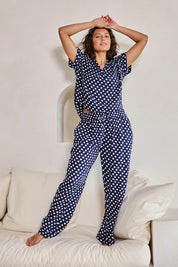 Model Tahneei wearing size 10 of the Cotton Twill Pyjama Pants – Navyspot in colour Navyspot, from the front