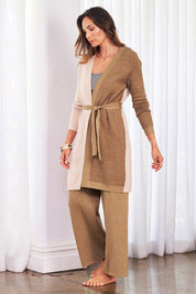Model Amanda wearing the Colourblocked Longline Cardigan in colour Pancake, from the front, showing the whole outfit