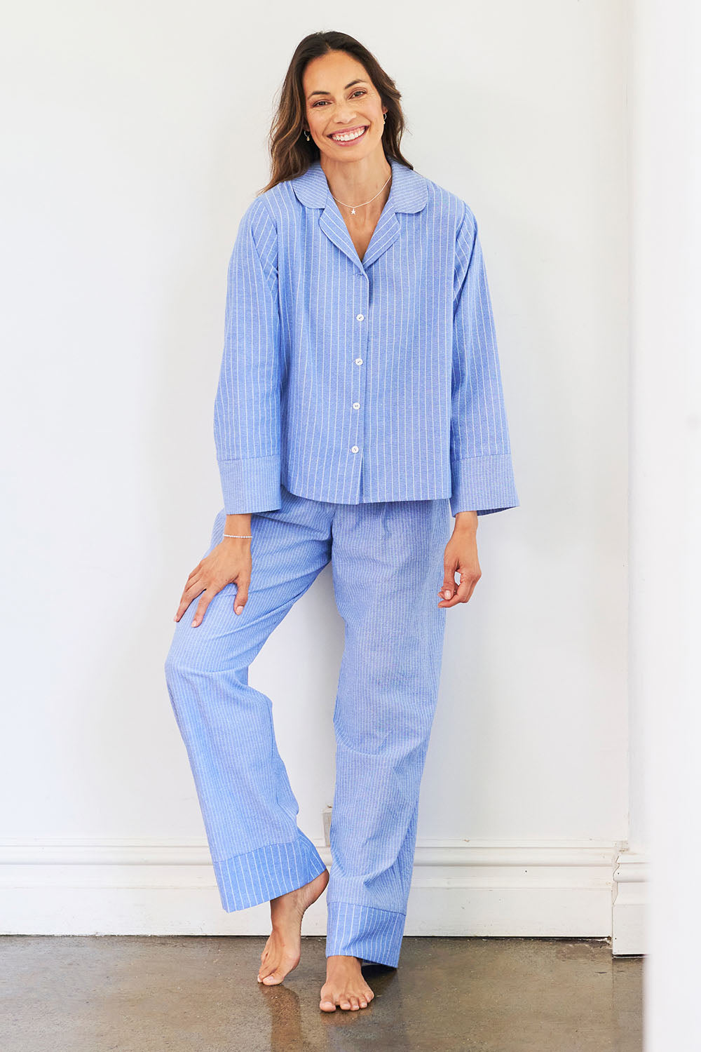 Model Amanda wearing the Cotton Linen Mismatched Pyjama Set in colour Denimstrip (Blue), from the front, showing the whole outfit
