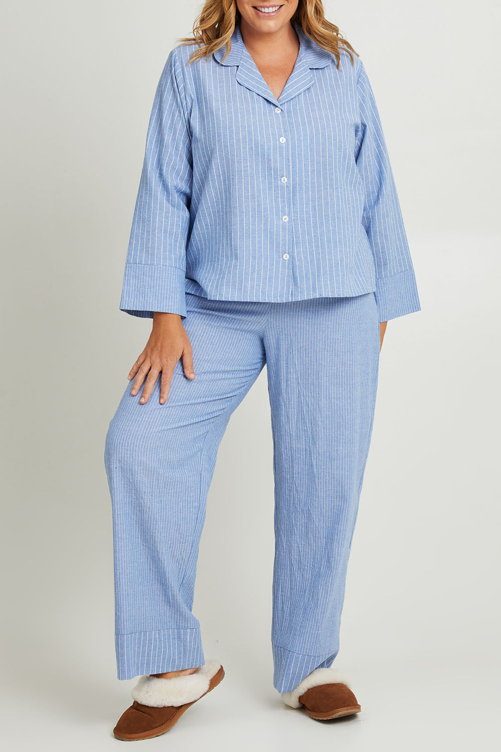 Model Fiona wearing the Cotton Linen Mismatched Pyjama Set in colour Denimstrip (Blue), from the front, cropped image