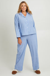 Model Fiona wearing the Cotton Linen Mismatched Pyjama Set in colour Denimstrip (Blue), from the front, showing the whole outfit