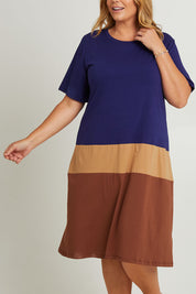 Model Fiona wearing the Cotton Jersey Stripe Nightie in colour Night (Blue), from the front, cropped image