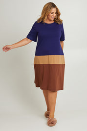 Model Fiona wearing the Cotton Jersey Stripe Nightie in colour Night (Blue), from the front, showing the whole outfit