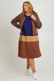 Model Fiona wearing the Cotton Jersey Stripe Nightie in colour Night (Blue), from the front, showing the whole outfit