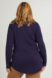 Model Fiona wearing the Classic Fit Long Sleeve Modal Tee in colour Midnight (Blue), from the back
