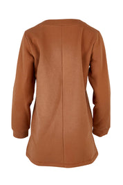 Product shot of the Cotton Fleece V Neck Sweater in colour Toffee, from the back