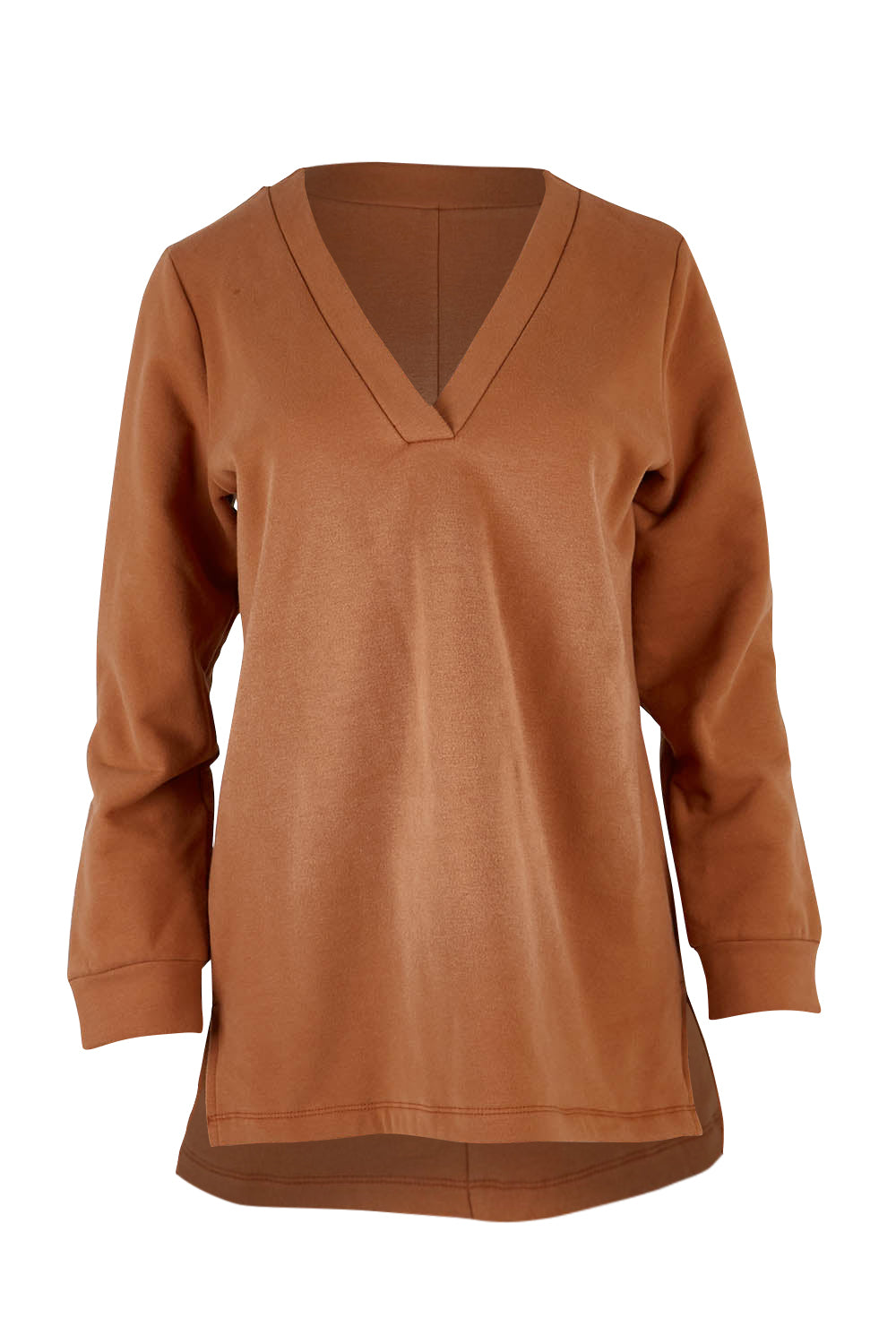 Product shot of the Cotton Fleece V Neck Sweater in colour Toffee, from the front