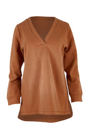 Product shot of the Cotton Fleece V Neck Sweater in colour Toffee, from the front