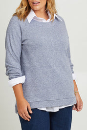 Model Fiona wearing the Raglan Sleeve Pullover in colour Indigo (Blue), from the front, cropped image