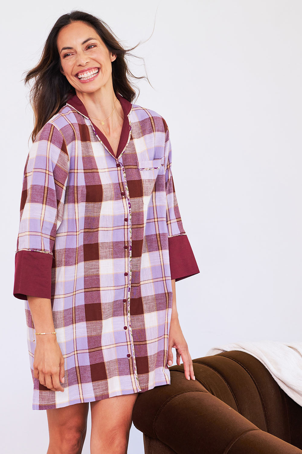 Model Amanda wearing the Cotton Flannel Winter Nightie in colour Lilaccheck (Purple), from the front, cropped image