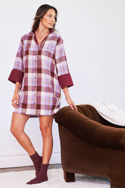 Model Amanda wearing the Cotton Flannel Winter Nightie in colour Lilaccheck (Purple), from the front, showing the whole outfit