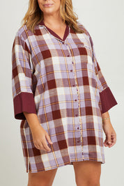 Model Fiona wearing the Cotton Flannel Winter Nightie in colour Lilaccheck (Purple), from the front, cropped image