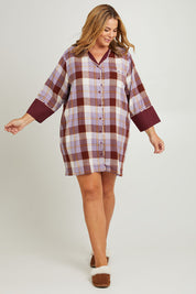 Model Fiona wearing the Cotton Flannel Winter Nightie in colour Lilaccheck (Purple), from the front, showing the whole outfit