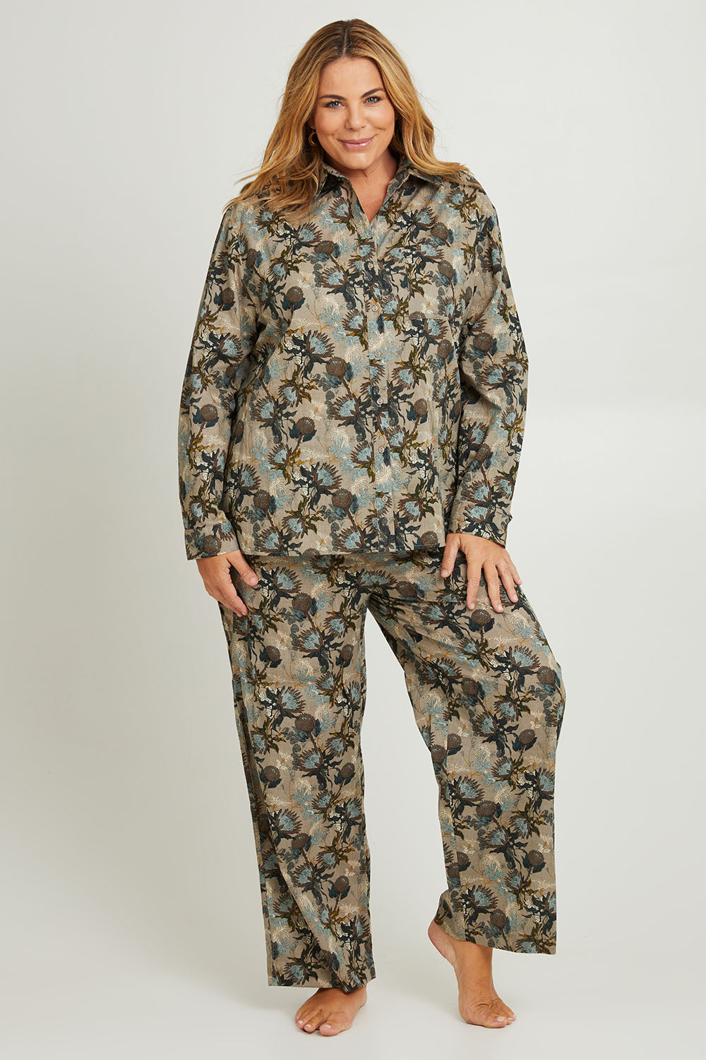 Model Fiona wearing the Cotton Long Sleeve Pyjama Set in colour Protea (Green), from the front, showing the whole outfit