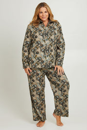 Model Fiona wearing the Cotton Long Sleeve Pyjama Set in colour Protea (Green), from the front, showing the whole outfit