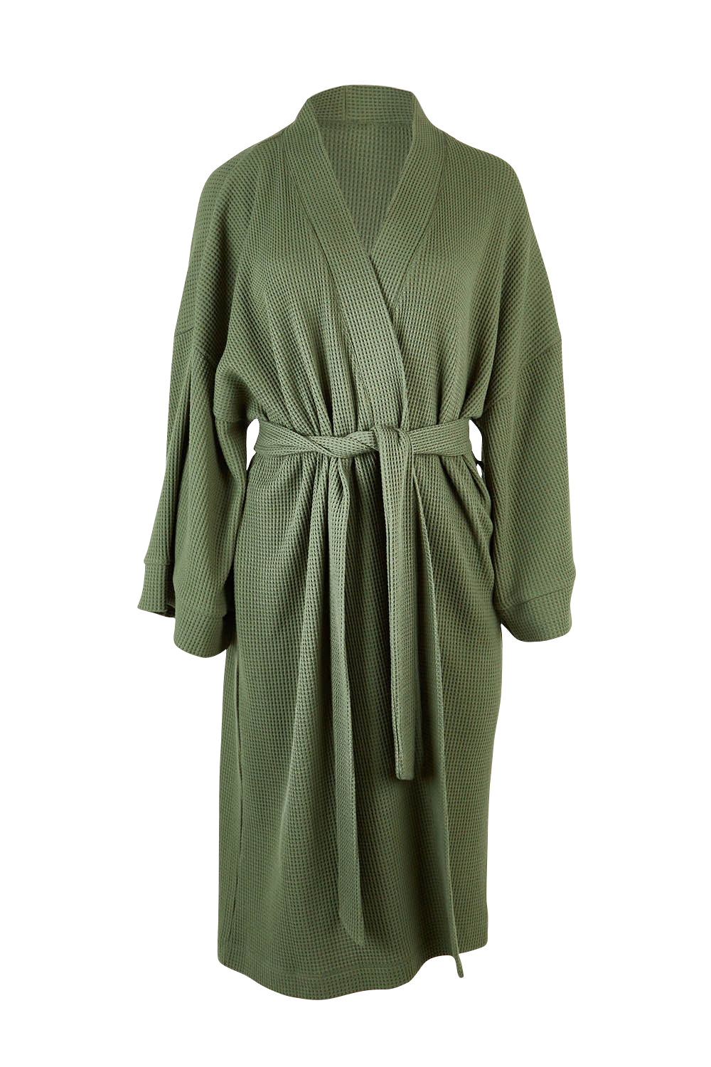 Product shot of the Cotton Waffle Dressing Robe in colour Norigreen (Green), from the front