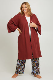 Model Fiona wearing the Cotton Waffle Dressing Robe in colour Rhubarb (Red), from the front, showing the whole outfit