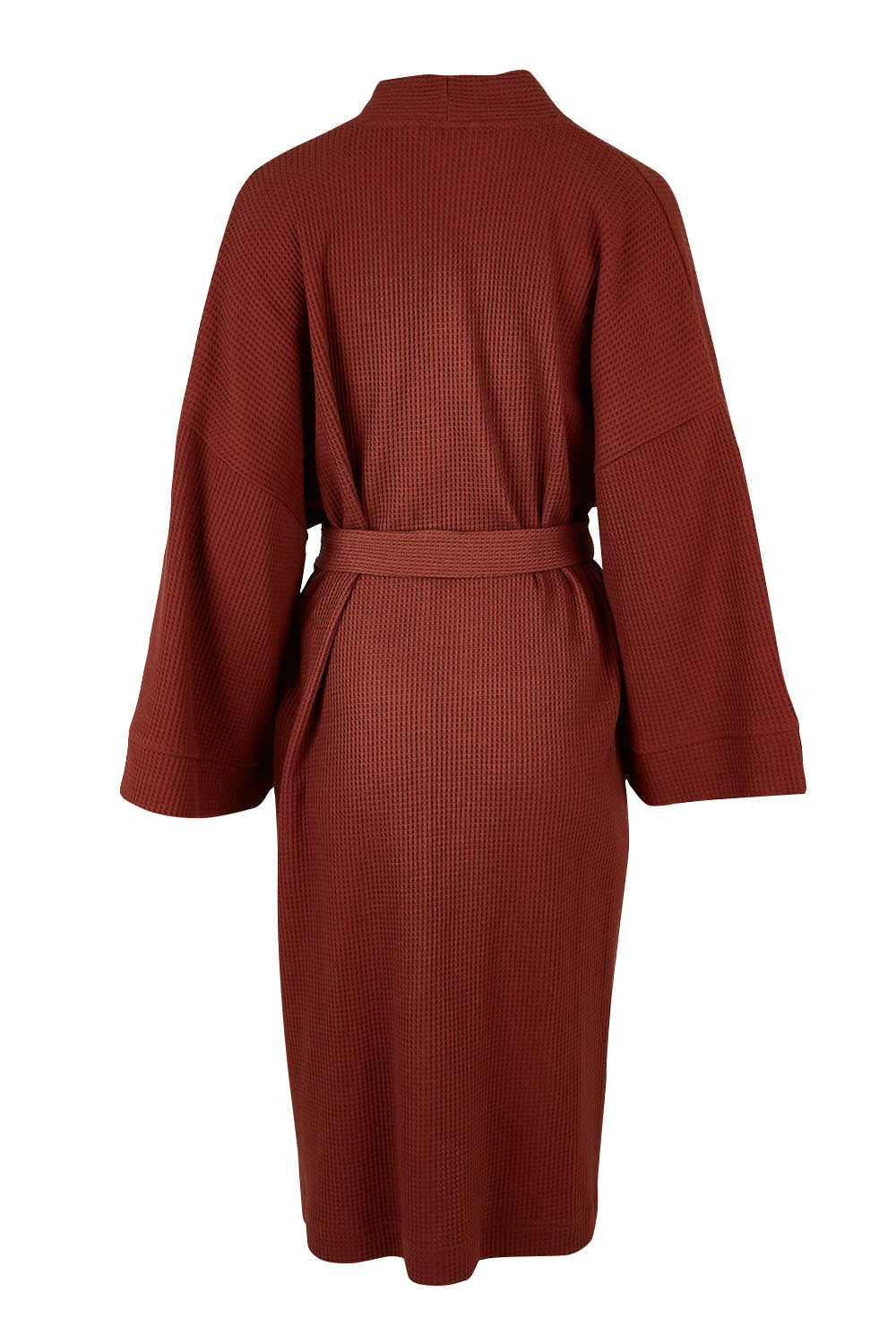 Product shot of the Cotton Waffle Dressing Robe in colour Rhubarb (Red), from the back