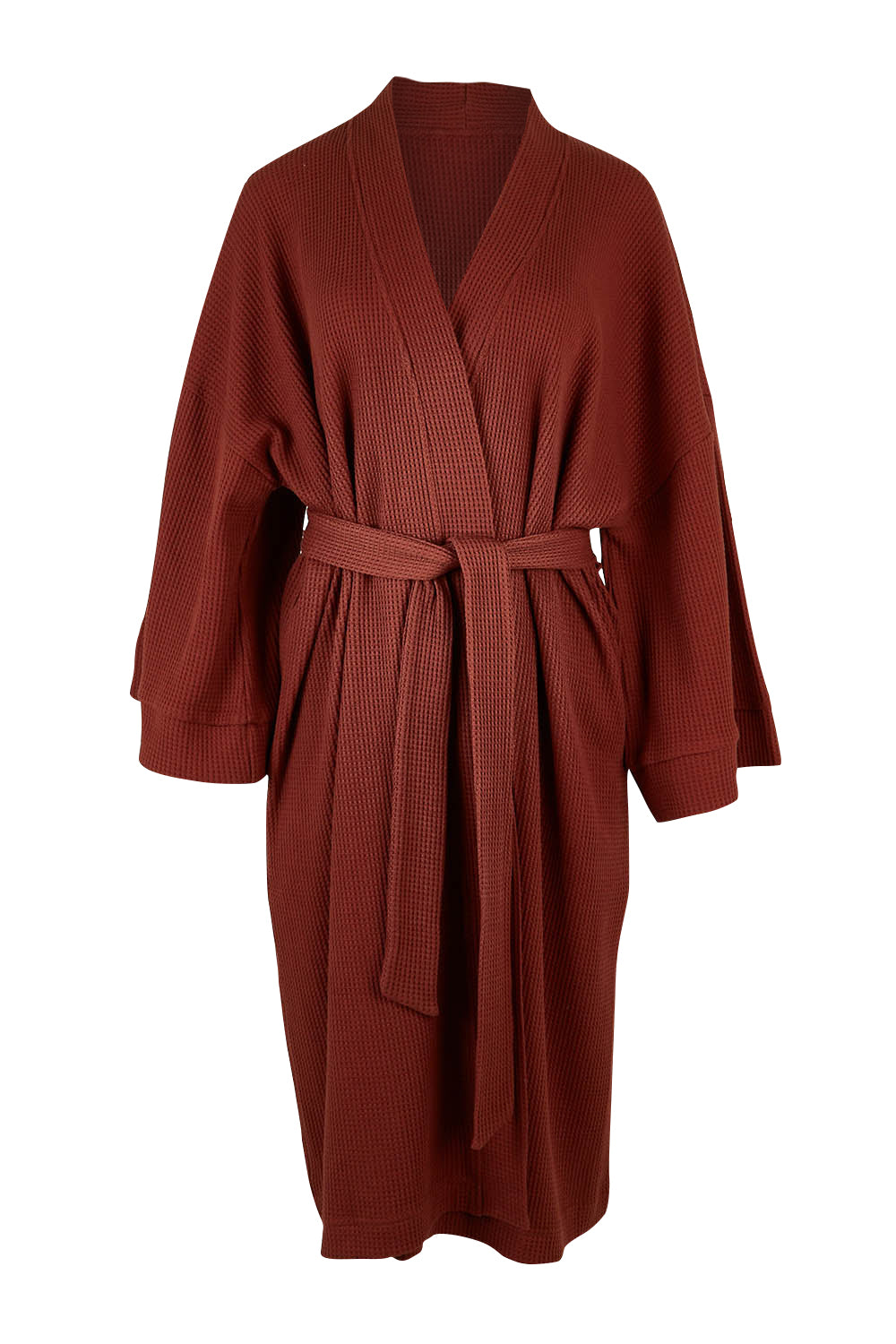 Product shot of the Cotton Waffle Dressing Robe in colour Rhubarb (Red), from the front