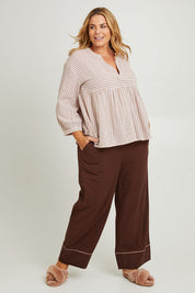 Model Fiona wearing the Cotton Full Length Pyjama Pants in colour Chocolate, from the front, showing the whole outfit