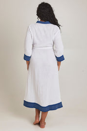 Model Terri-Leigh wearing the Cotton Dressing Gown in colour Santorini (Blue), from the back