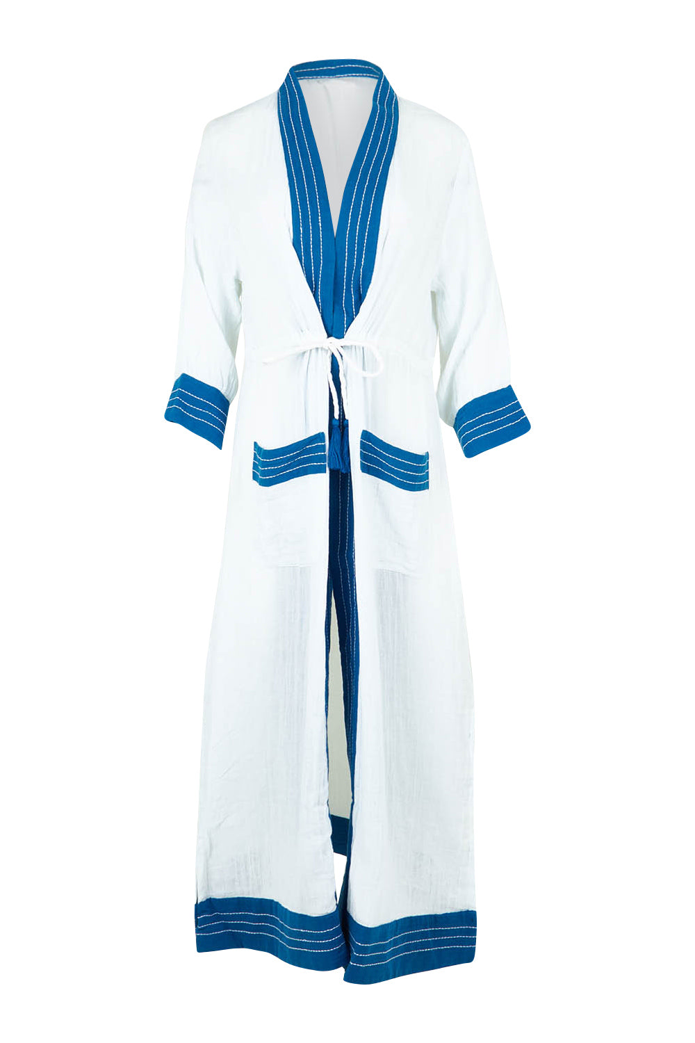 Product shot of the Cotton Dressing Gown in colour Santorini (Blue), from the front