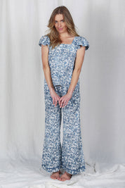 Model Olivia wearing the Cotton Frill Cami Sleep Set in colour Paisley (Blue), from the front, showing the whole outfit