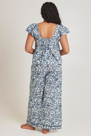 Model Terri-Leigh wearing the Cotton Frill Cami Sleep Set in colour Paisley (Blue), from the back