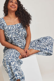 Model Terri-Leigh wearing the Cotton Frill Cami Sleep Set in colour Paisley (Blue), from the front, showing the whole outfit