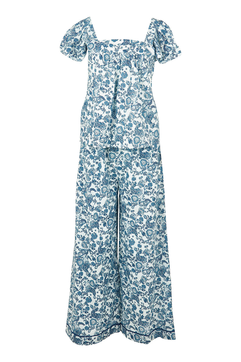 Product shot of the Cotton Frill Cami Sleep Set in colour Paisley (Blue), from the front