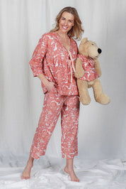 Model Olivia wearing the Cotton Tie Front Top in colour Paisley (Pink), from the front, showing the whole outfit