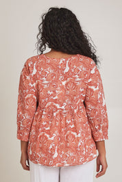 Model Terri-Leigh wearing the Cotton Tie Front Top in colour Paisley (Pink), from the back