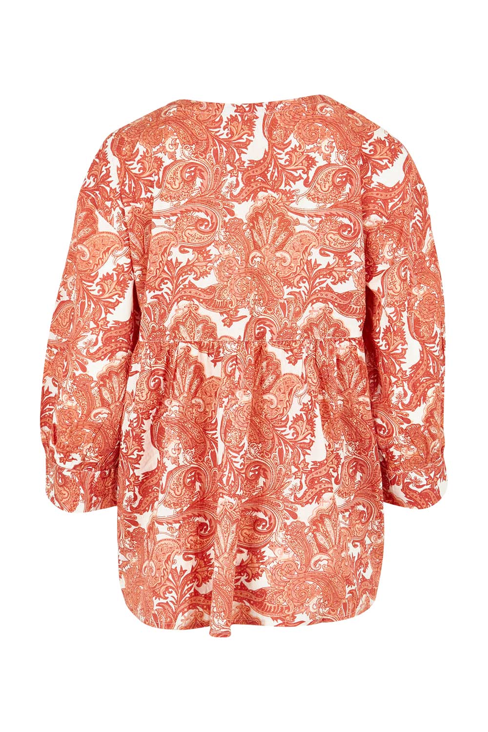 Product shot of the Cotton Tie Front Top in colour Paisley (Pink), from the back