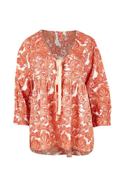 Product shot of the Cotton Tie Front Top in colour Paisley (Pink), from the front