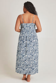 Model Terri-Leigh wearing the Cotton Pintucked Slip in colour Paisley (Blue), from the back
