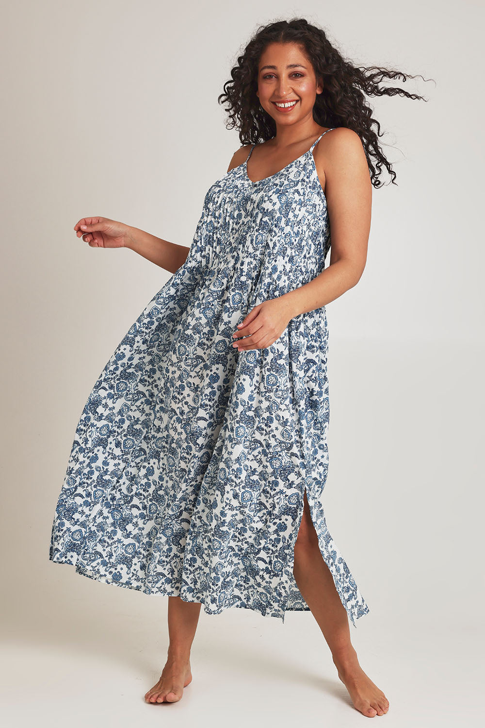 Model Terri-Leigh wearing the Cotton Pintucked Slip in colour Paisley (Blue), from the front, showing the whole outfit