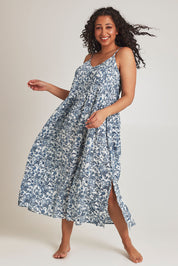 Model Terri-Leigh wearing the Cotton Pintucked Slip in colour Paisley (Blue), from the front, showing the whole outfit