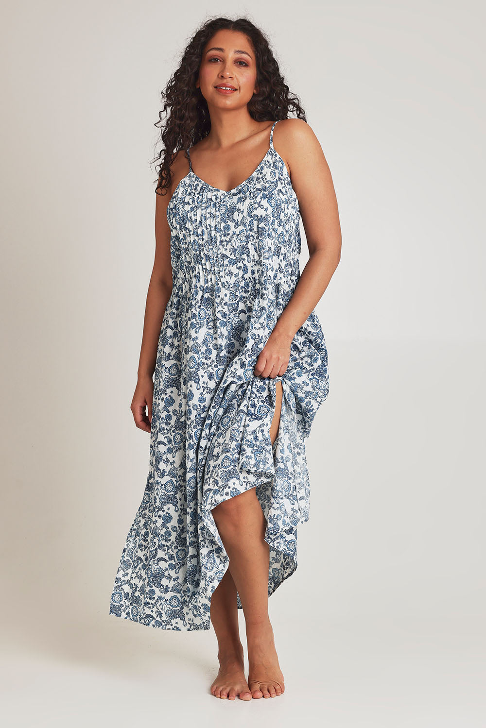 Model Terri-Leigh wearing the Cotton Pintucked Slip in colour Paisley (Blue), from the front, showing the whole outfit