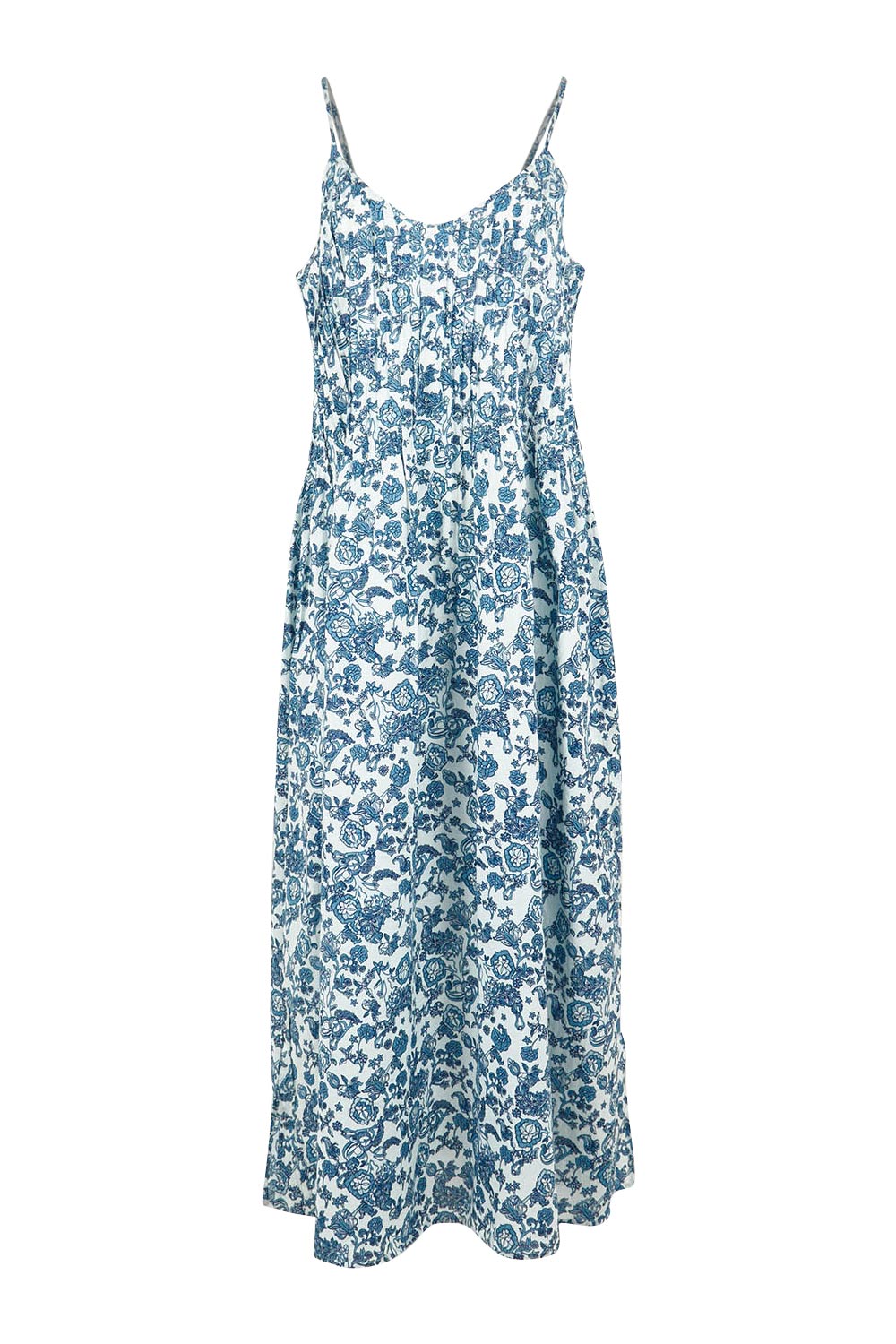 Product shot of the Cotton Pintucked Slip in colour Paisley (Blue), from the front