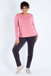 Model Sasha-Lee wearing size 16 of the Skinny Leg Cord Pull On Pant in colour Charcoal (Grey), from the front, showing the whole outfit