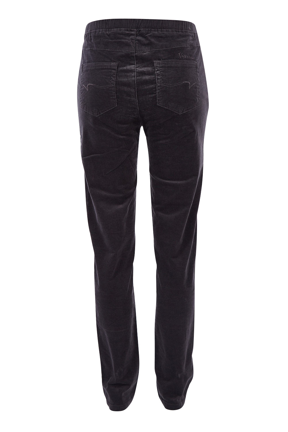 Product shot of the Skinny Leg Cord Pull On Pant in colour Charcoal (Grey), from the back