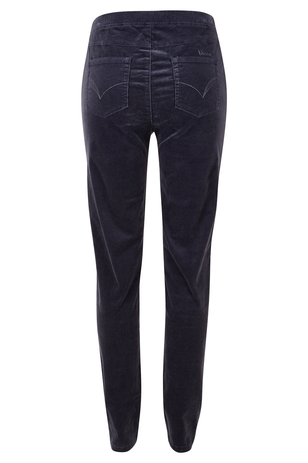 Product shot of the Skinny Leg Cord Pull On Pant in colour Graphite (Black), from the back