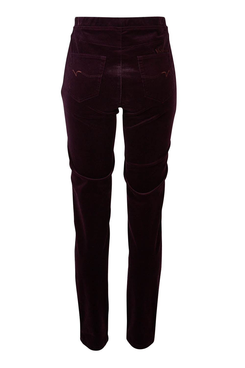 Product shot of the Skinny Leg Cord Pull On Pant in colour Mulberry (Purple), from the back