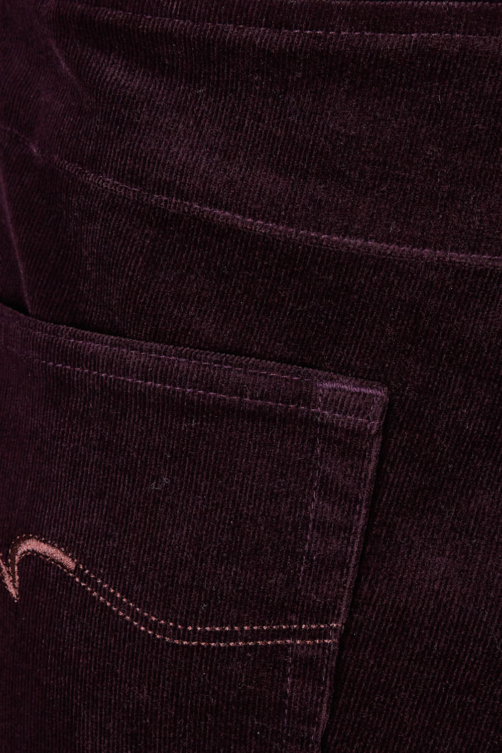 Product shot of the Skinny Leg Cord Pull On Pant in colour Mulberry (Purple), detail