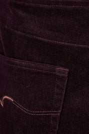 Product shot of the Skinny Leg Cord Pull On Pant in colour Mulberry (Purple), detail