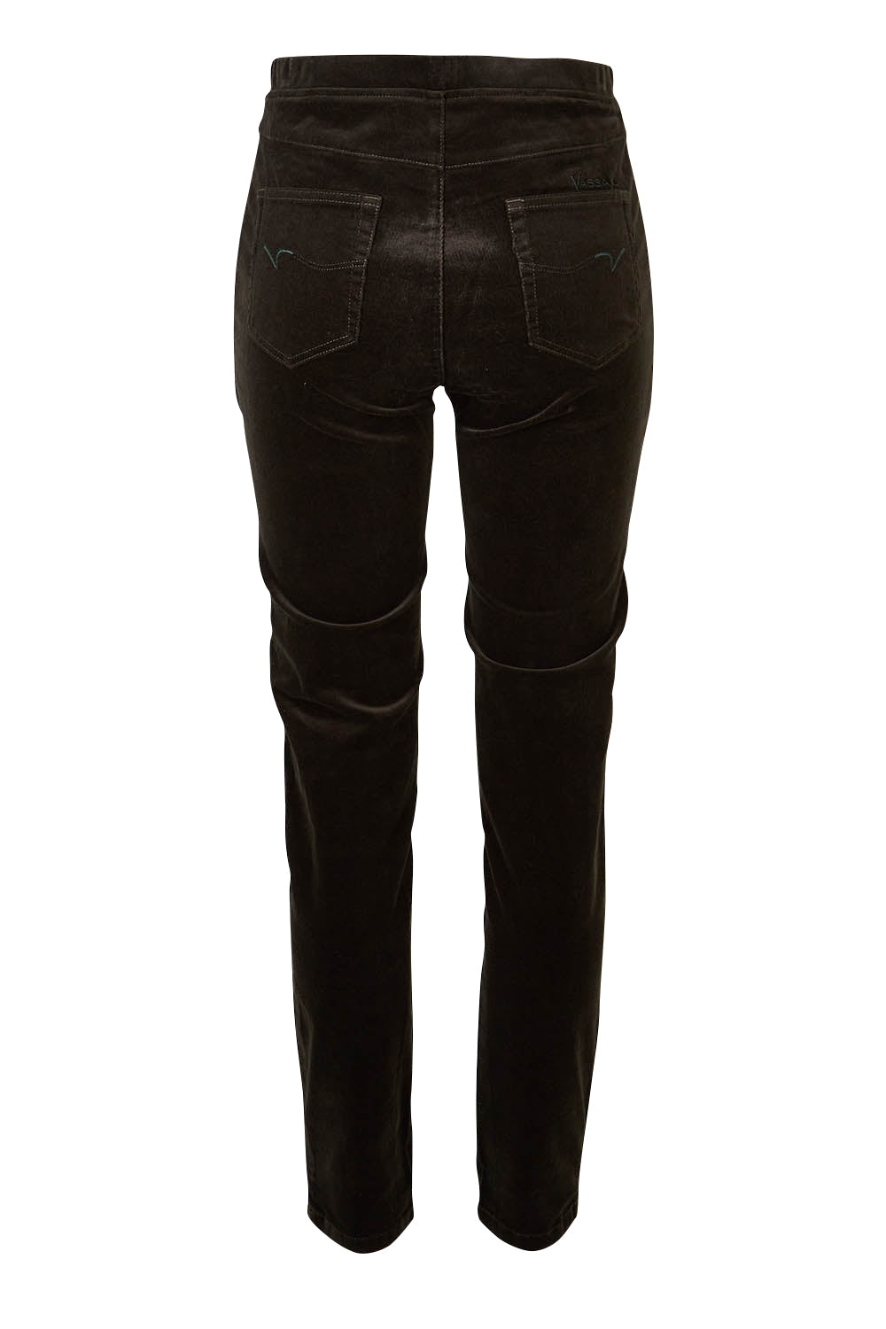 Product shot of the Skinny Leg Cord Pull On Pant in colour Olive (Green), from the back